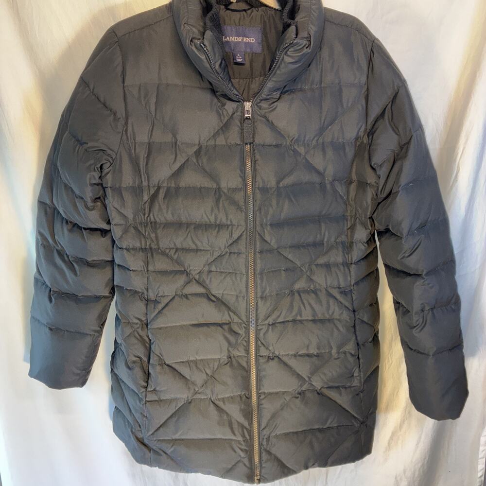 Lands' End Puffer Down Full‎ Zip Jacket Women's L 14-16 BLack Pockets